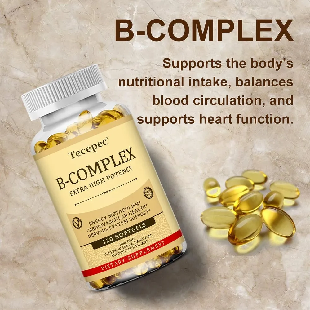 Tecepec B-Complex Vitamin Supplements (B12 B1 B2 B3 B5 B6 B9 Folic Acid & Biotin) Immune & Energy Support Softgels NON-GMO