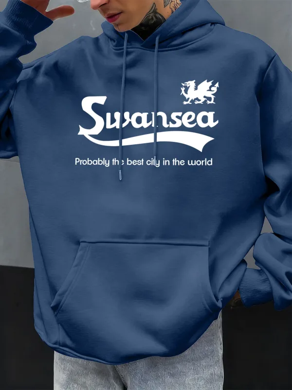 سوانسي أفضل تصميم بحروف المدينة للخريف للرجال هودي بجيب هوديي غير رسمي من الصوف الناعم بلوفرات الهيب هوب ملابس فضفاضة