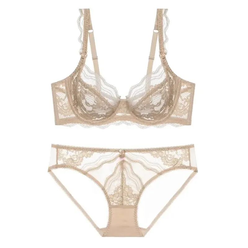 Plus Size Full Bust Minimizer Σετ σουτιέν Sheer Floral Lace Thin Anti Sag Support Διάφανα εσώρουχα Γυναικεία αναπνέοντα οικεία