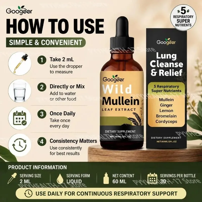 Googeer Wild Mullein Leaf Extract Liquid Respiratory Support Ginger Lemon Peel Extract Bromelain and Cordyceps Extract 60 ML