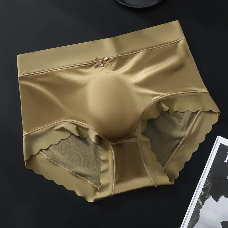 Men's Seamless Ice Silk Briefs 3D Contour Pouch Mid Waist Satin Smooth Scalloped Edge Ultra Thin Male Underwear