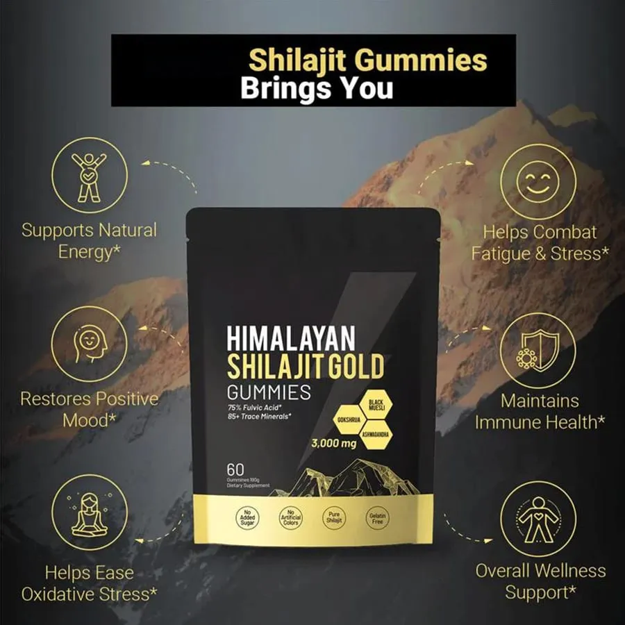 תוספי תזונה יומיים טהורים בהימלאיה Shilajit Gummies מכילים 85+ מינרלים קורט 60 חתיכות לבקבוק
