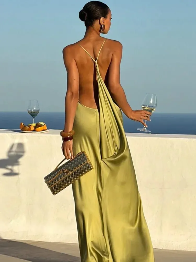 רצועת ספגטי דקה מוצקה כיסוי צוואר החלקה ארוכה שמלה ארוכה נשים ללא שרוולים שסע גבוה שסע דק לבוש שמלות ערב תלבושת מסיבה אלגנטית