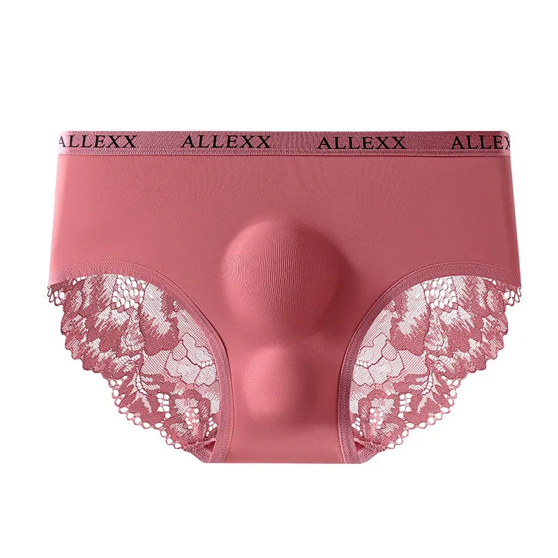 Men's Sexy Briefs Sheer Lace Ice Silk Panties Leopard Printed Letter Sissy Lingerie Bullet Separation Pouch Ultra-Thin Underwear