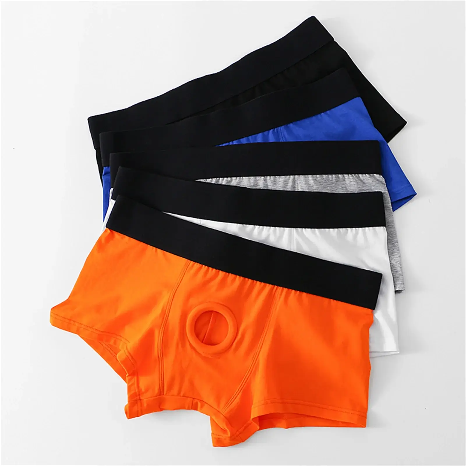 Men's Boxers Front Hole Pouch Underwear Silicone Cockring Sexy Boxershorts Wide Waistband Cotton Underpants Hollow Out Lingerie