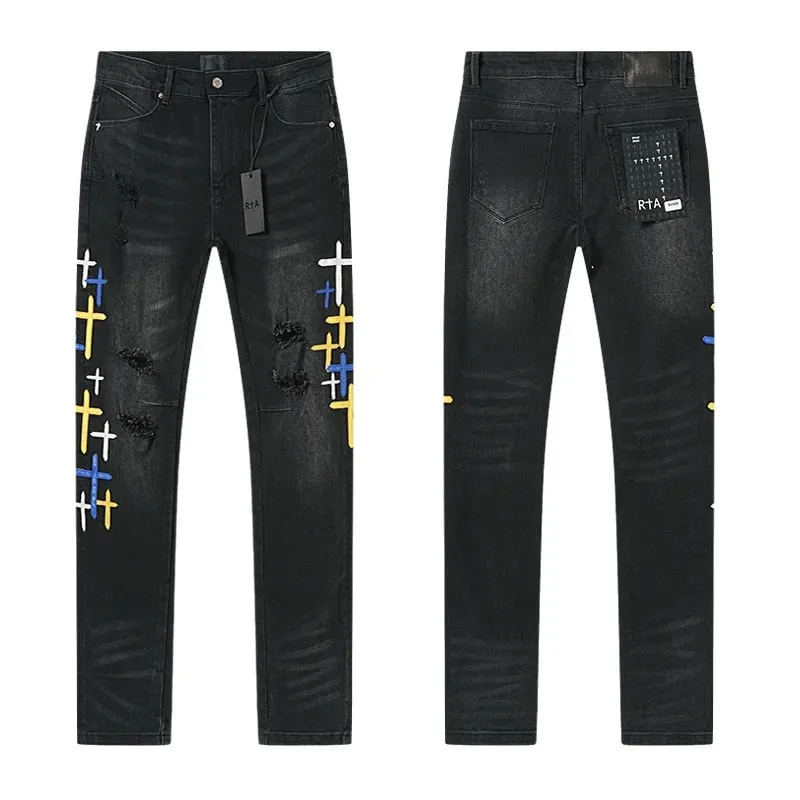Νέο RTA Destroyed Scratch Hole Light Blue Distressed Jeans Ανδρικά High Street Elastic Slim Fit jeans 2026 Μάρκα παντελόνι Streetwear
