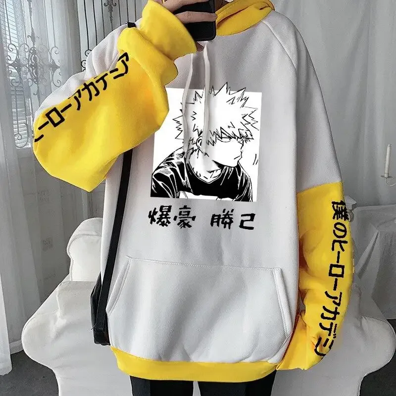 Harajuku Anime My Hero Academia Casual Fleece Hoodies Manga Bakugou Katsuki Women Oversized Patchwork Long Sleeves Sweatshirt