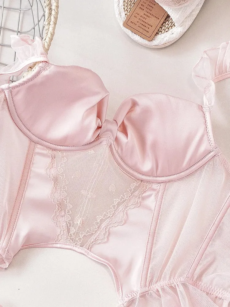 Ροζ με μαξιλαράκι στήθους Fishbone Corset Εσώρουχα Σετ Γυναικείο Σουτιέν με διπλό λουράκι σταθερά με σώβρακο