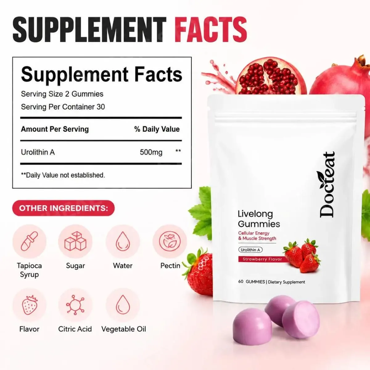Docteat Urolithin A Gummies 500mg per Penyajian Rasa Strawberry Dukungan Kesehatan Seluler Harian 60 Gummies untuk Pria Wanita
