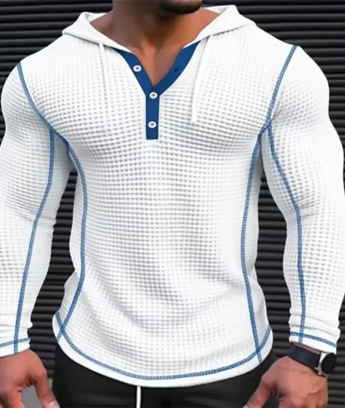 Waffle Solid Fabric Slim Fit Hoodies Men V-neck Button Casual Sweatshirts Hip Hop Street Sweater Panlalaking Sports Tops Long Sleeve
