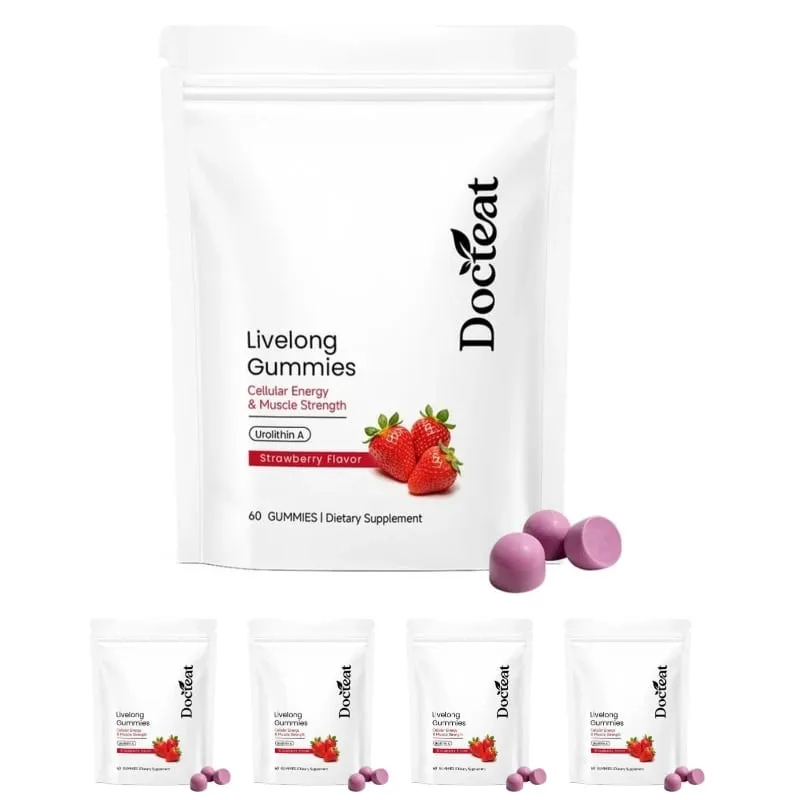 Docteat Urolithin A Gummies 500mg per Penyajian Rasa Strawberry Dukungan Kesehatan Seluler Harian 60 Gummies untuk Pria Wanita