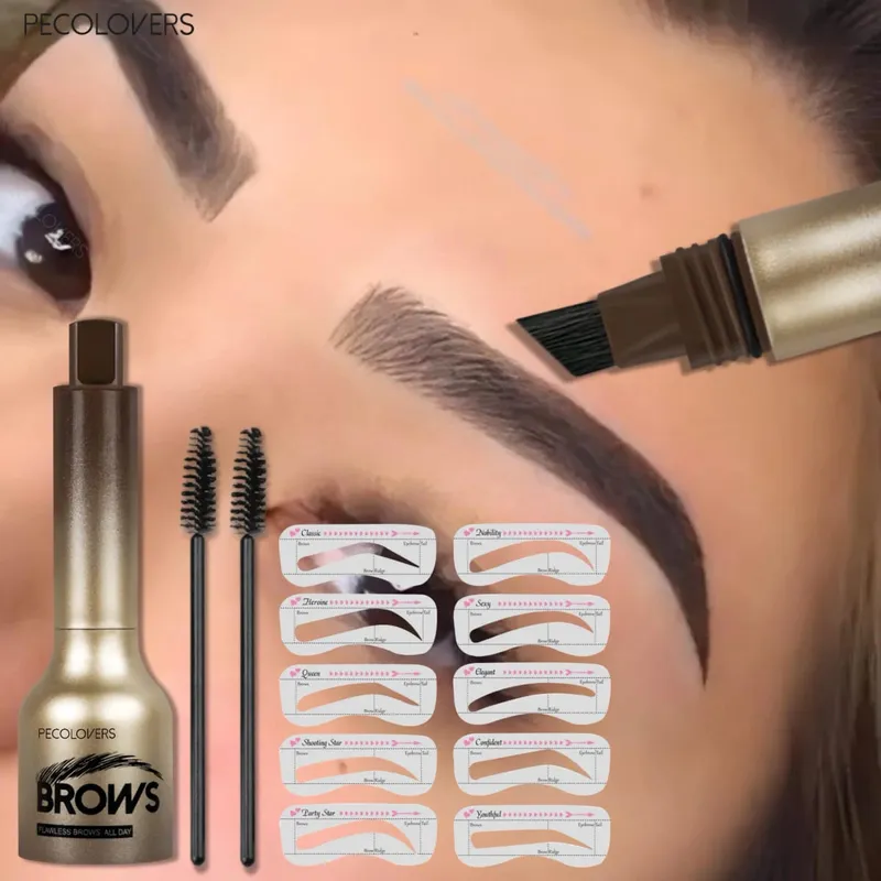Professional 4 Pcs Eyebrow Products Makeup Set - Eyebrow Stamp & Eyebrow Powder & Small Brush Fill The Shapes of Eyebrow