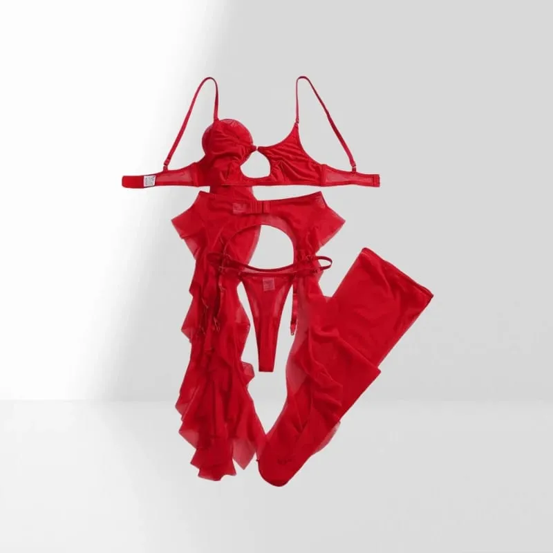 Κόκκινο See Through Mesh Σετ Σουτιέν με Κόκκινο Τριαντάφυλλο Διακόσμηση Ruffle Edge Shapewear για Γυναικείες Σέξι εσώρουχα χωρισμένα σετ Σέξι γυναικεία εσώρουχα