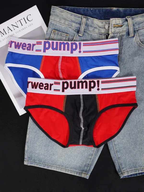 Men's Cotton Color Block Briefs, Pump! Logo Wide Waistband Low Rise Sexy 3D Convex Pouch Underwear 3256813080433415