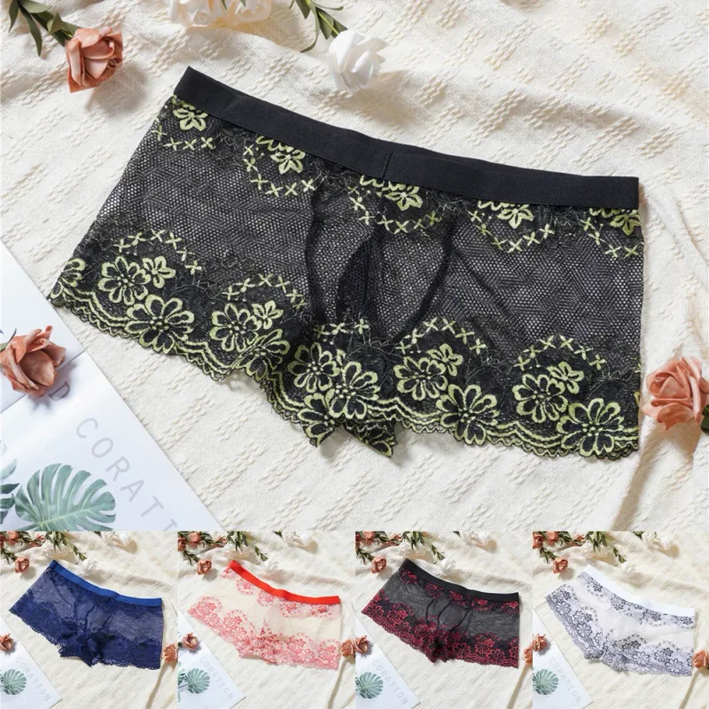 Men Lace Jacquard Mesh Boxer Shorts Underwear Hollow Temptation Exotic Trunks Silk Soft Quick Dry Breathable Sexy Panties