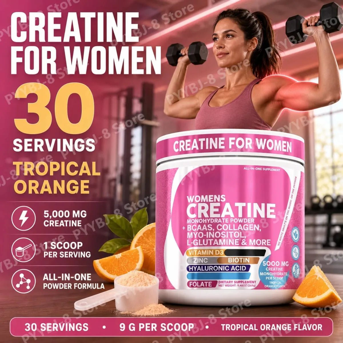 Women's Creatine Monohydrate Powder 5000mg BCAA Multi-Collagen Biotin Vitamin D3 Tropical Orange Sports Nutrition 30 Servings