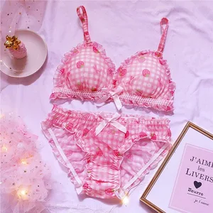 귀여운 일본 브래지어 팬티 속옷 세트 로리타 소녀 핑크 격자 무늬 꽃 메쉬 섹시한 딸기 프린트 브래지어 & 팬티 란제리 세트