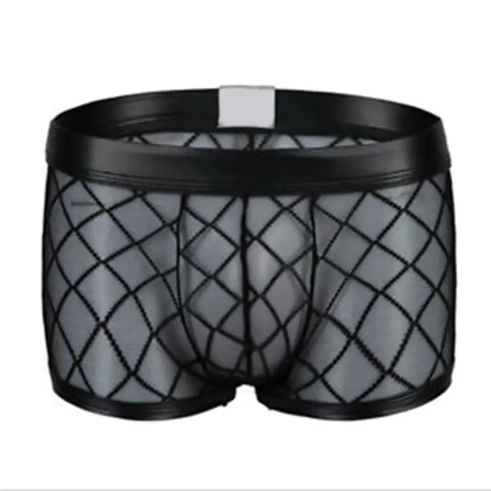 Sexy respirável fino boxer preto masculino malha transparente ver através de u-convexo roupa interior lingerie gay wear calças