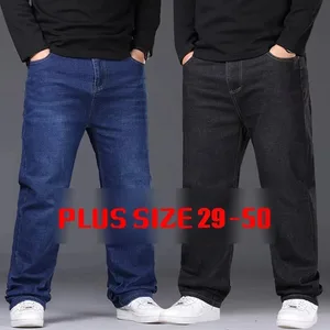29-50 Sizes Men's Stretch Jeans Straight Leg Denim Pants Extended Sizing Blue Black Streetwear Relaxed Fit For Work Casual New