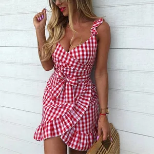 Kan tilpasses Plaid Lace Up Bodycon-kjole Kvinder Flæser Sommerkjole Off Shoulder V-hals Rygløs Uregelmæssig sløjfekjoler