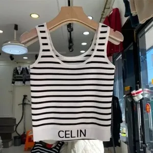 봄과 여름 새로운 한국어 스타일 밑단 편지 줄무늬 슬리밍 니트 홀터 탑 여성을위한 다목적 슬리밍 솔리드 컬러 조끼