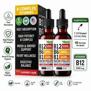 Вітамін B12 B6 Liquid Drops 60 мл B Complex with B1 Niacin Folate Raspberry Vegan Daily Wellness Supplement 40 Servings Adult