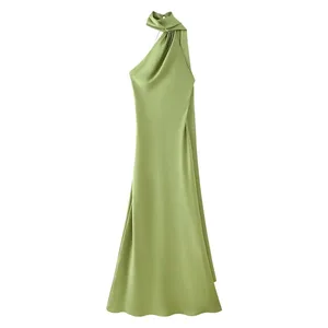 High Street Women Σέξι Κομψό Μακρύ Φόρεμα Γυναικεία Μόδα Πράσινο Σατέν Πάρτι Maxi Vestidos