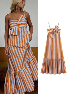 Mode Kvinder Striber Print Slynge Kjole Ærmeløs sløjfe Front Løs pasform Rygløse Lange Kjoler Chic Lady Holiday Robe