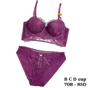 high quality sexy lace women bras and brief two piece set push up B C D cup wire summer lingerie underwear black white purple