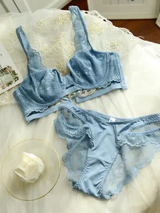 Pakaian dalam bertali renda ultra-tipis wanita payudara besar menunjukkan pakaian dalam kecil set bra bernapas tipis wanita