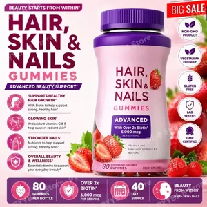 Biotin Gummie Rasa Strawberry dengan 6000Mcg Biotin & Vitamin Mendukung Kesehatan Rambut Kulit dan Kuku 80 Buah Suplemen Nutrisi