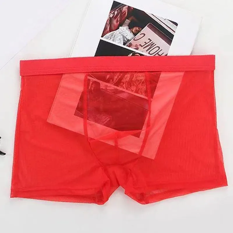 Cueca boxer transparente com protuberância, seda gelada, transparente, cuecas sexy, cintura baixa, lingerie íntima