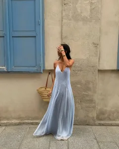 Abito lungo pieghettato tinta unita da donna sexy Elegante abito senza maniche con bretelle senza schienale Abiti slim fit da spiaggia Abito da donna