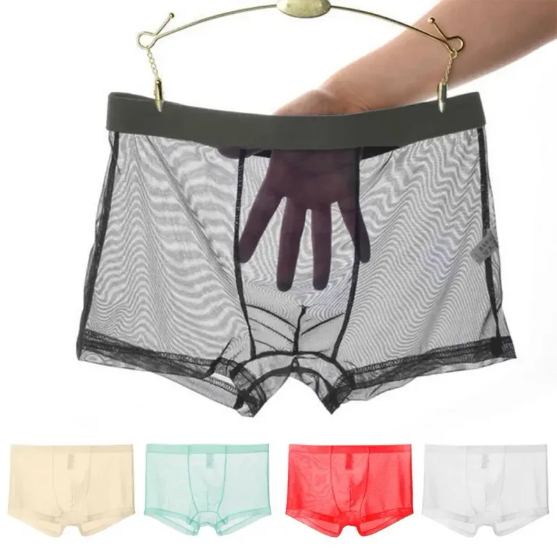 Transparante Boxers voor Mannen Doorzien Mannelijke Onderbroeken Sexy Mesh Lage Taille Ijs Zijde Dunne Koeling Heren Slipje Heren Ondergoed