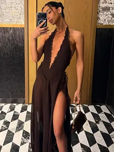 Mozision Halter głęboki dekolt w serek seksowna sukienka Maxi z odkrytymi plecami kobiety elegancka, bez rękawów, bez rękawów, wysoki rozcięcie klubowa długa sukienka na imprezę