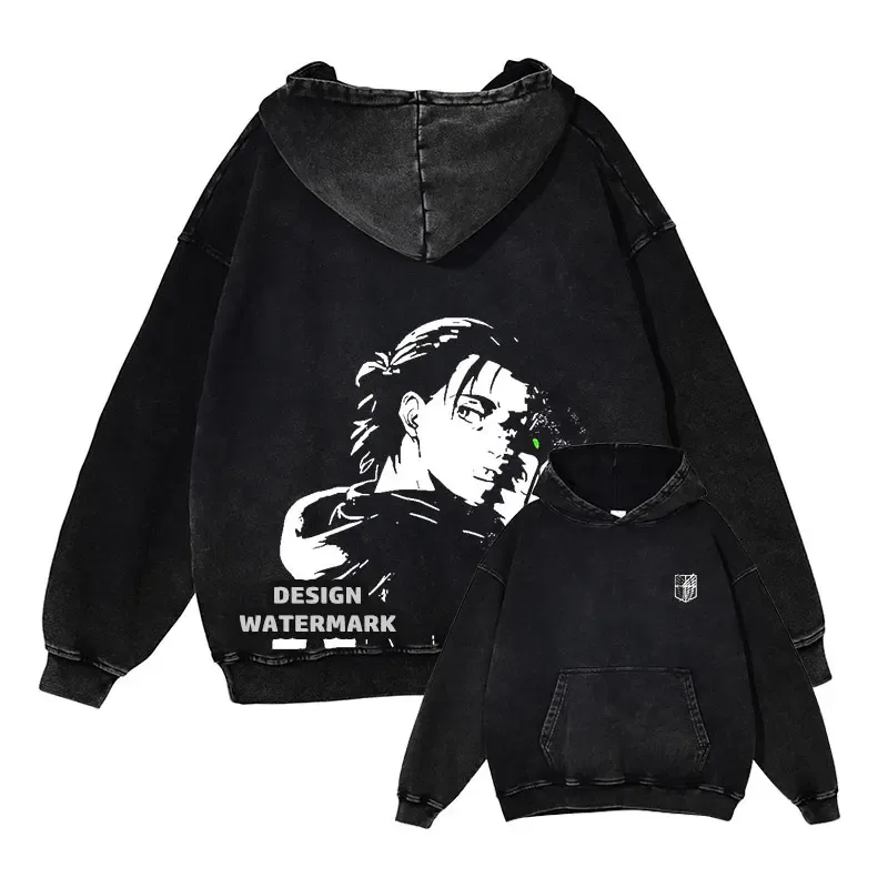 انیمه Levi Hoodies Vintage Washed A-Attack on Titan Hoodie Casual Manga Yeager Eren Hooded Sweatshirts Titan Attack Pullover