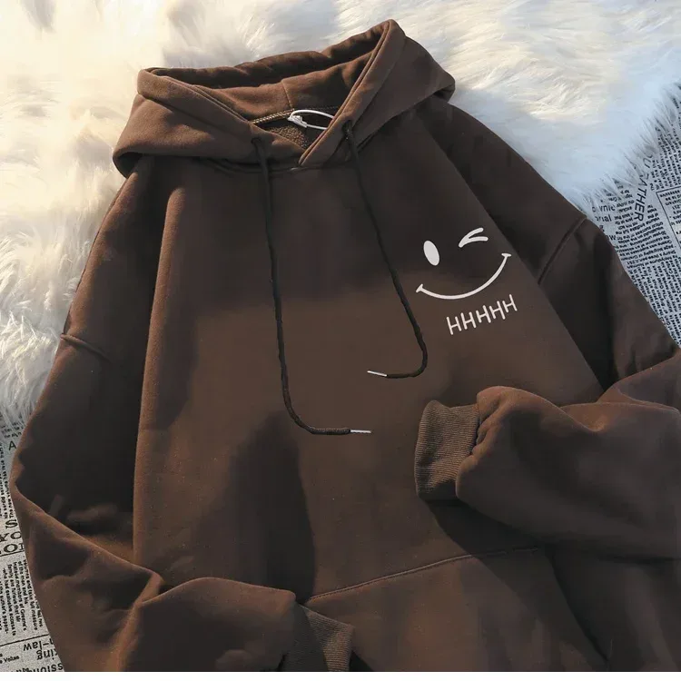 Wajah Tersenyum Lelaki Fesyen Lucu Sweater Bertudung Pasangan Bertudung American Heavyweight Longgar Atasan Pullover Hoodie Lelaki Kasmir Tebal Longgar