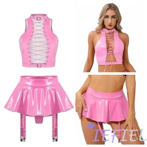 Dámské dvoudílné lesklé latexové svůdné dvoudílné noční prádlo zkrácené topy s rozšířenou minovou sukní noční košilka Disco Pole Dance Suit