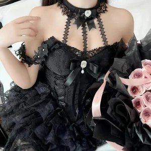 일본 빅토리아 스위트 로리타 드레스 여성 하라주쿠 Y2k 보우 레이스 홀터넥 넥 이브닝 파티 미니 드레스 카와이 블랙 레드 Deess
