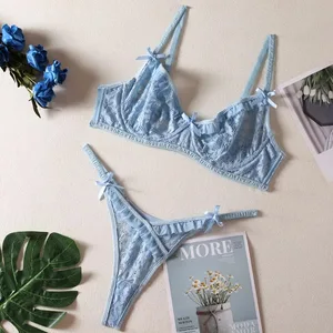 Romantisk undertøjsbroderi Smuk blonde-bh og thongsløjfe Sexet rygløs lingeridragt med stålkant, kvindelige trusser outfits