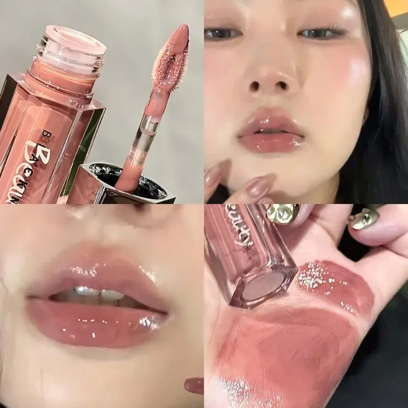 Ice Transparent Brown Lip Gloss Moisturizing Glossy Liquid Lipstick Nude Water Light Glass Mirror Lip Glaze Long-lasting Makeup
