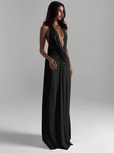 Cutenew Party Απλά Γυναικεία Maxi Φορέματα Solid Trend Halter Cross με αιωρούμενο λαιμό χωρίς πλάτη V-λαιμόκοψη ψηλό σχιστό Bodycon Mujer Vestidos