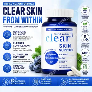 Clear³ DIM プロバイオティクスと亜鉛を配合したスキン サポート サプリメント – 健康な肌と腸の栄養サポート 60 カプセル