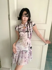 evropská americká trendy sladká cool dívka oříznuté šaty cheongsam anime květinový potisk čínský stojánek límeček žába knoflík slim casua
