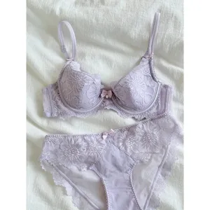 Purple French Lace Bra Embroidery Soft Underwire Minimizer Big Bust Lift Anti Sag Gathering Support Daily Lingerie 32-38 Bra Set