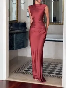 Gaun Halter Berlipat Solid Fashion Wanita Gaun Maxi Belah Punggung Terbuka Tanpa Lengan Cinch Pinggang 2026 Gaun Pesta Wanita Musim Panas Seksi
