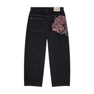 Harajuku Patchwork Cherry Blossom Embroidery Denim Pants Y2k Vintage Women Baggy Straight Wide Leg Jeans Street Men Clothes