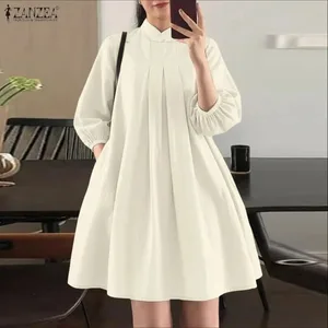 여름 여성의 우아한 주름 드레스 스탠드 칼라 3/4 퍼프 슬리브 주름진 a 라인 무릎 길이 드레스 캐주얼 가운 Femme