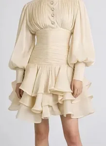 Gaun Mini Chic Terinspirasi Victoria Gaun Pesta Cottagecore Romantis Berjenjang Ruched Lengan Puff Wanita Pakaian Elegan Trendi 2026