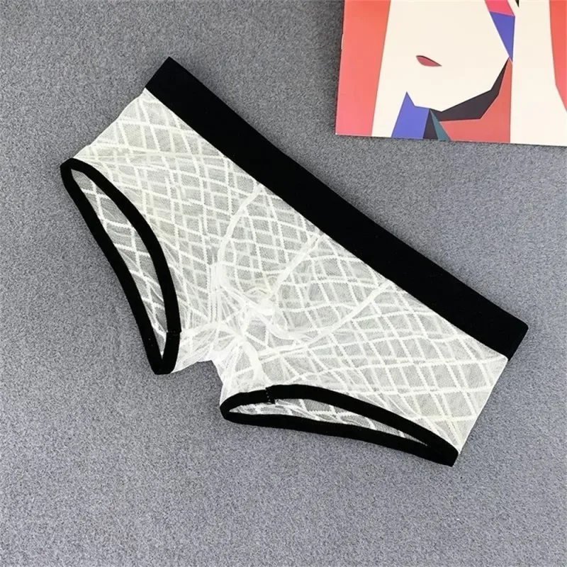 Cueca boxer transparente masculina, bolsa com protuberância, transparente, malha xadrez, sexy, cintura baixa, plus size